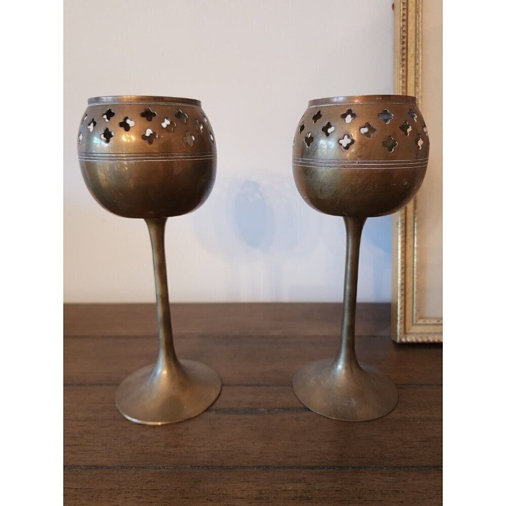 Vintage Set of Two Solid Brass Candle Holders Graduated Height